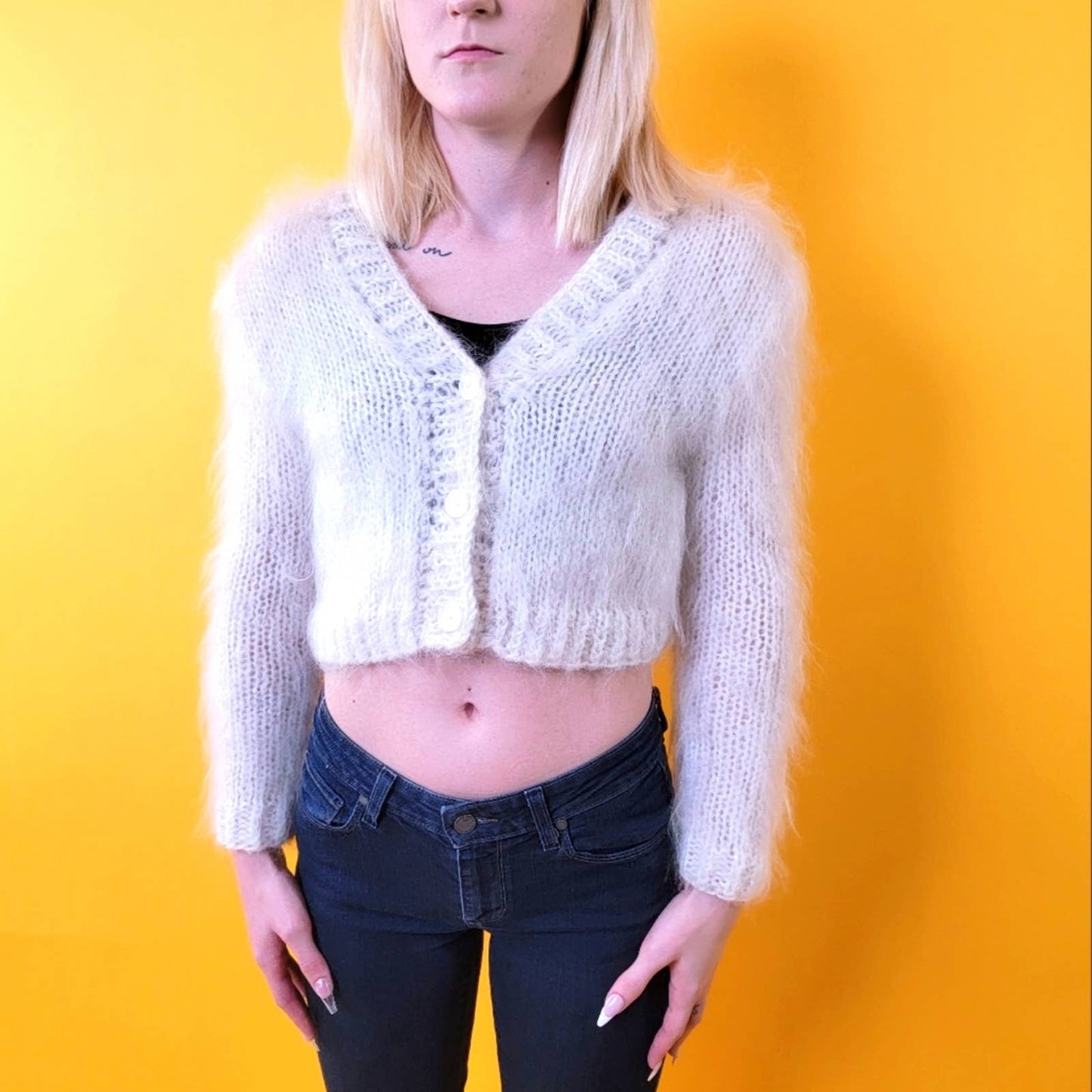 Vintage Y2K Fuzzy Furry Fluffy Cropped Cashmere Cardigan Sweater - M