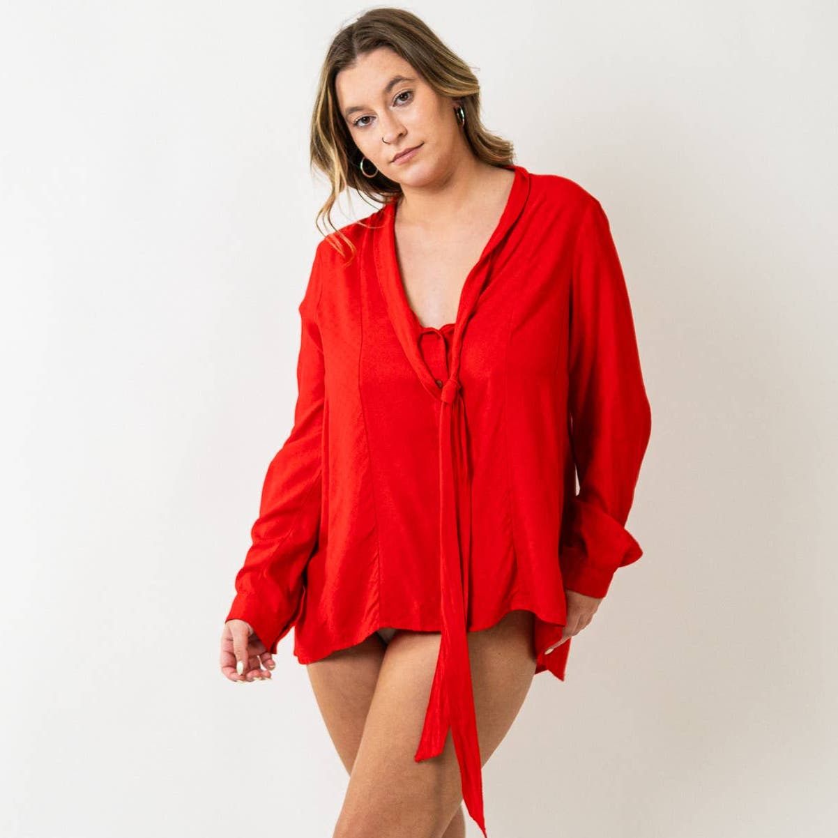Maeve by Anthropologie Tie Front Red Long Sleeve Blouse