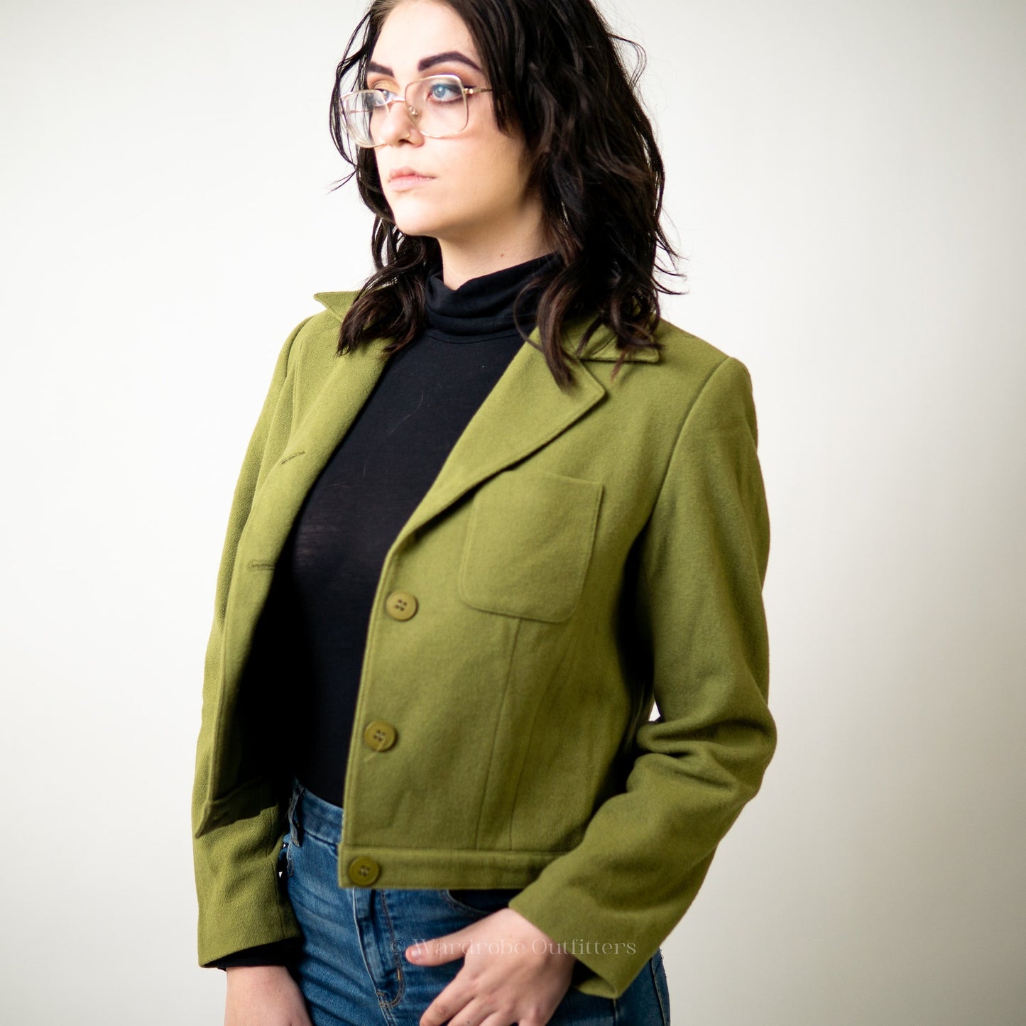 Vintage Olivr Green Cropped Wool Blazer Jacket - 8