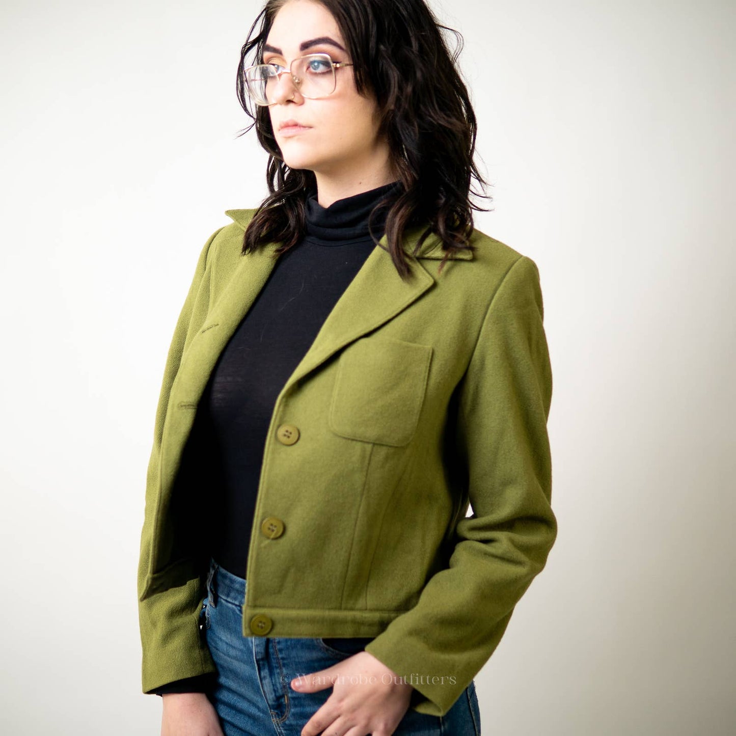 Vintage Olivr Green Cropped Wool Blazer Jacket - 8