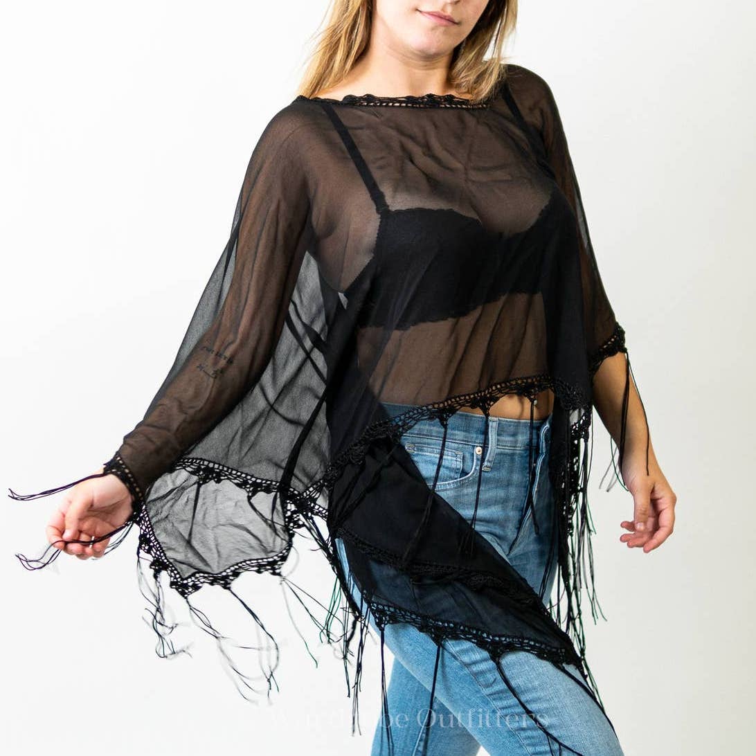 Black Sheer Mesh Flowy Fringe Tassel Poncho Coverup Shaw