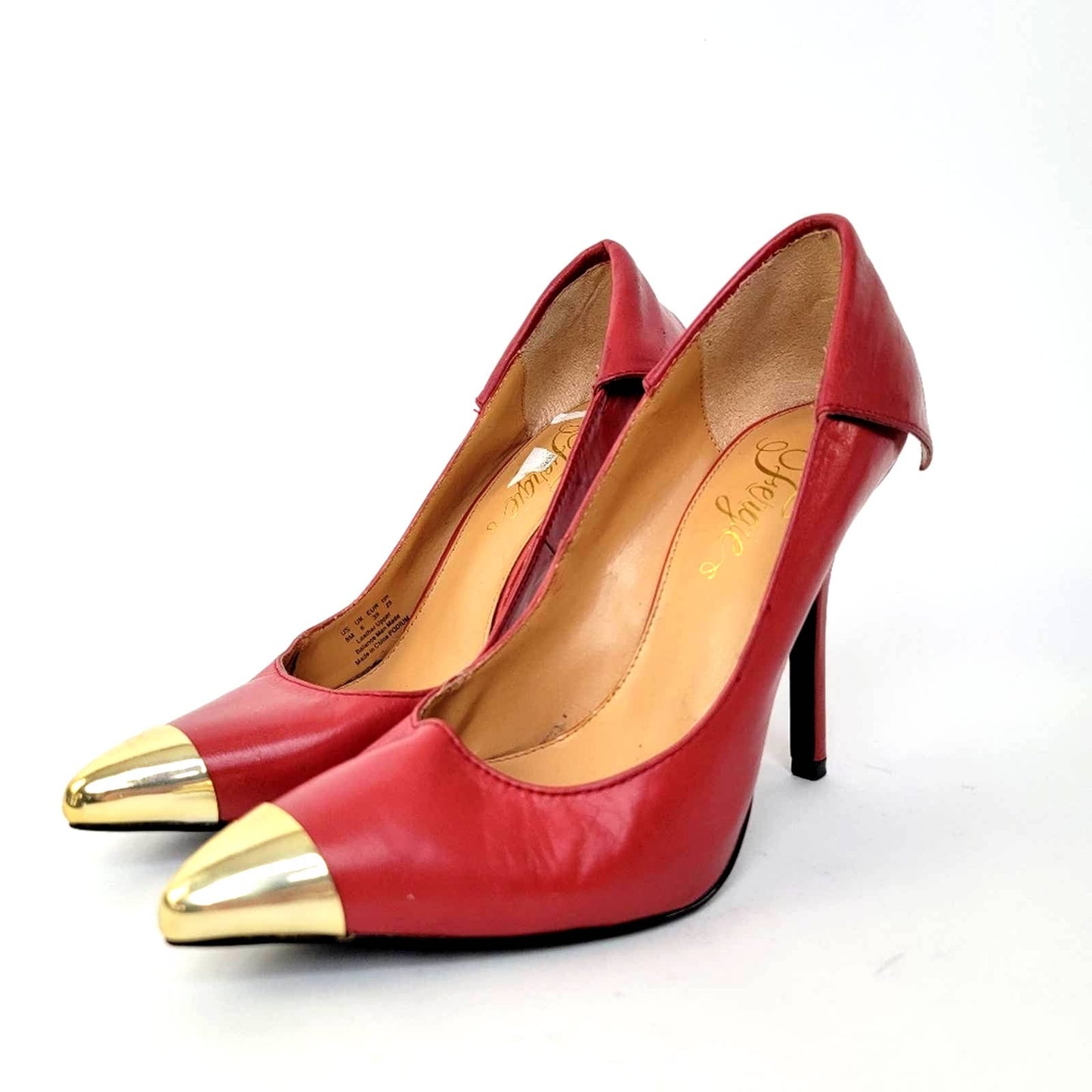 Fergie Podium Red Stiletto Pump Heels with Gold Cap Toe - 8