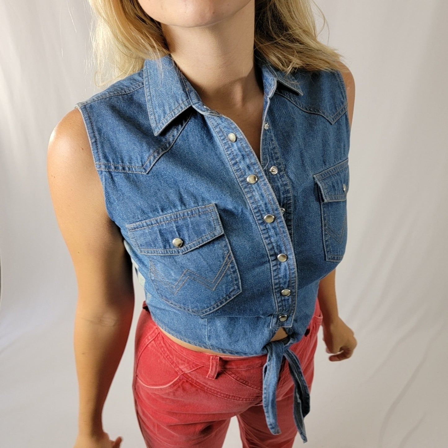 NEW 70's Western Wrangler Denim Pearl Snap Crop Tie Front Vest