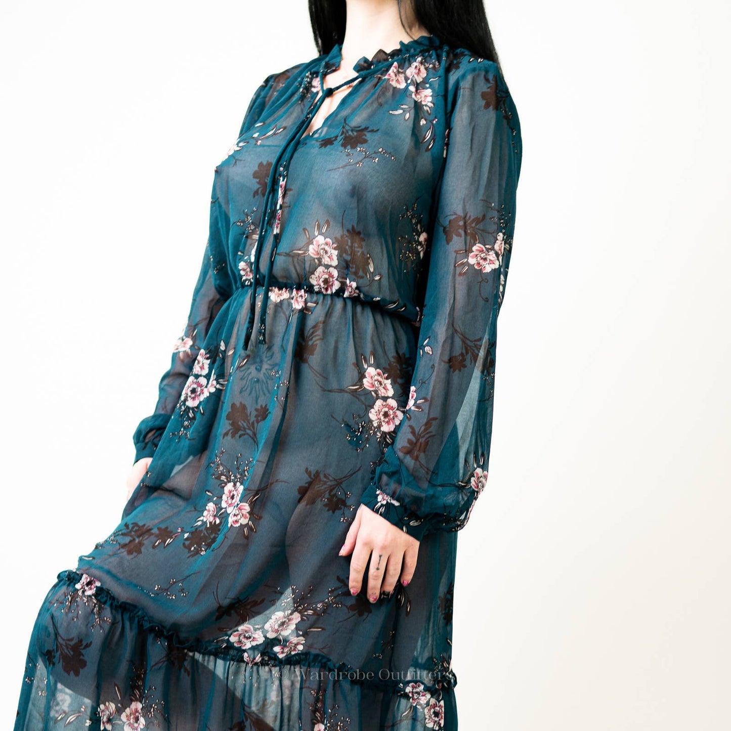 Lulus Newell Teal Green Sheer Floral Print Midi Dress - L