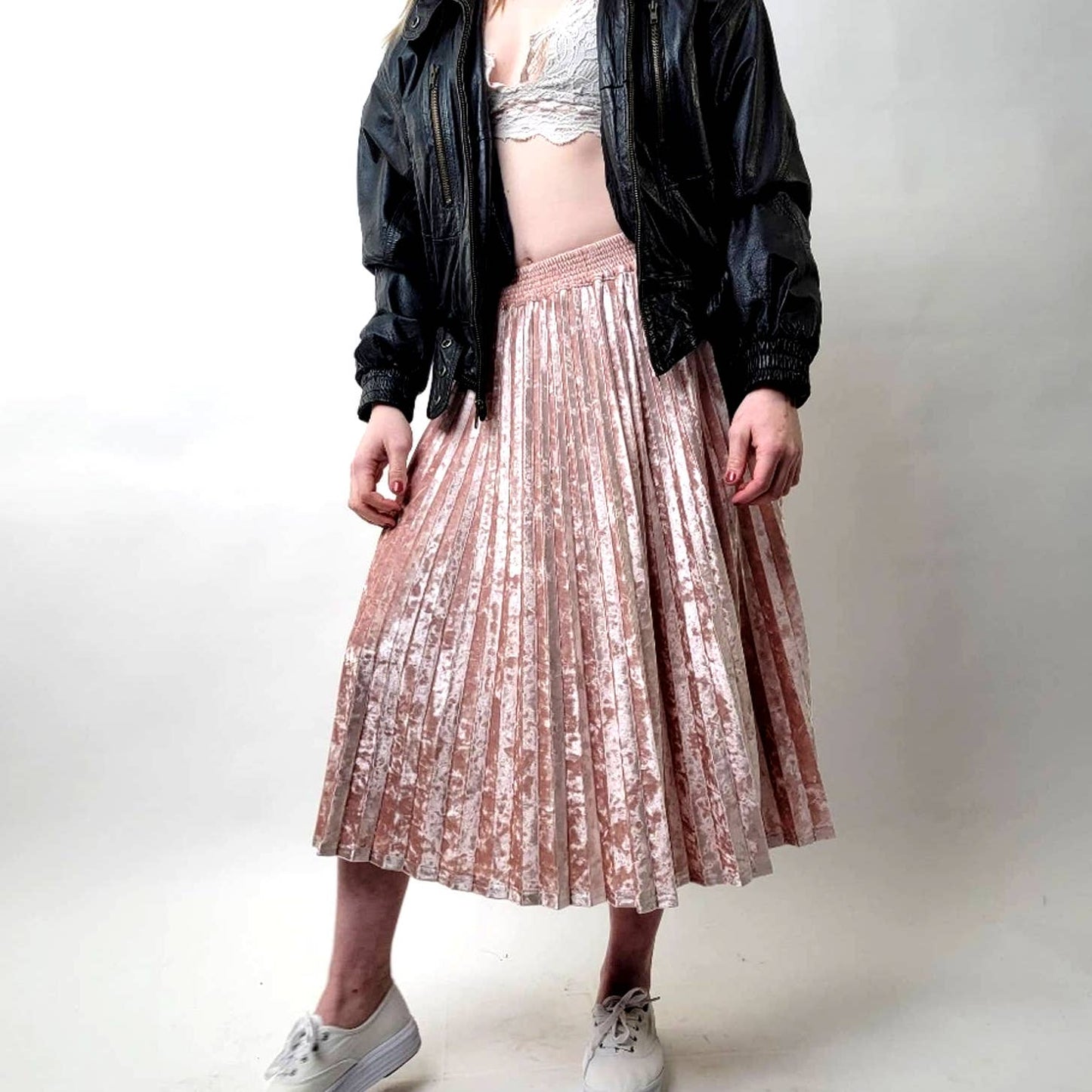 Pink Round Pleated Velvet Velour Skirt - M