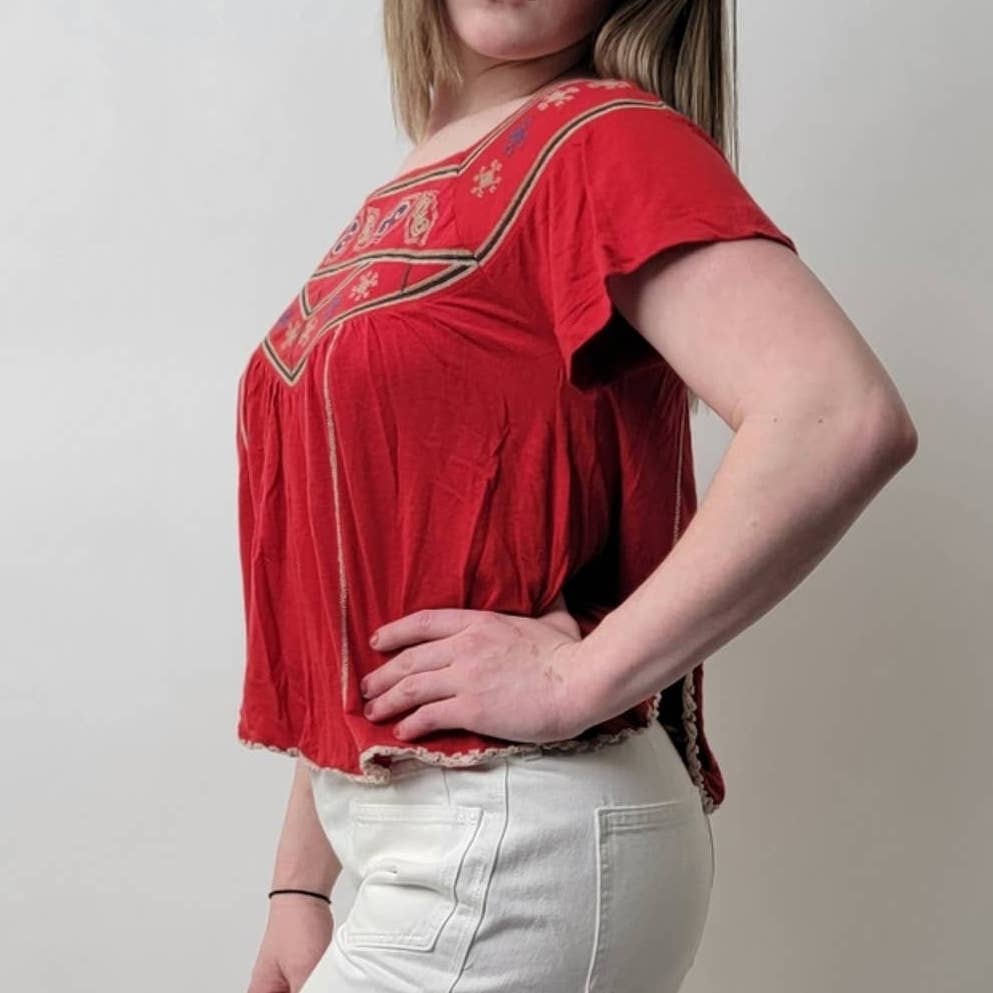 Free People Muse Short Sleeve Flowy Boho Crop Top Tunic Blouse