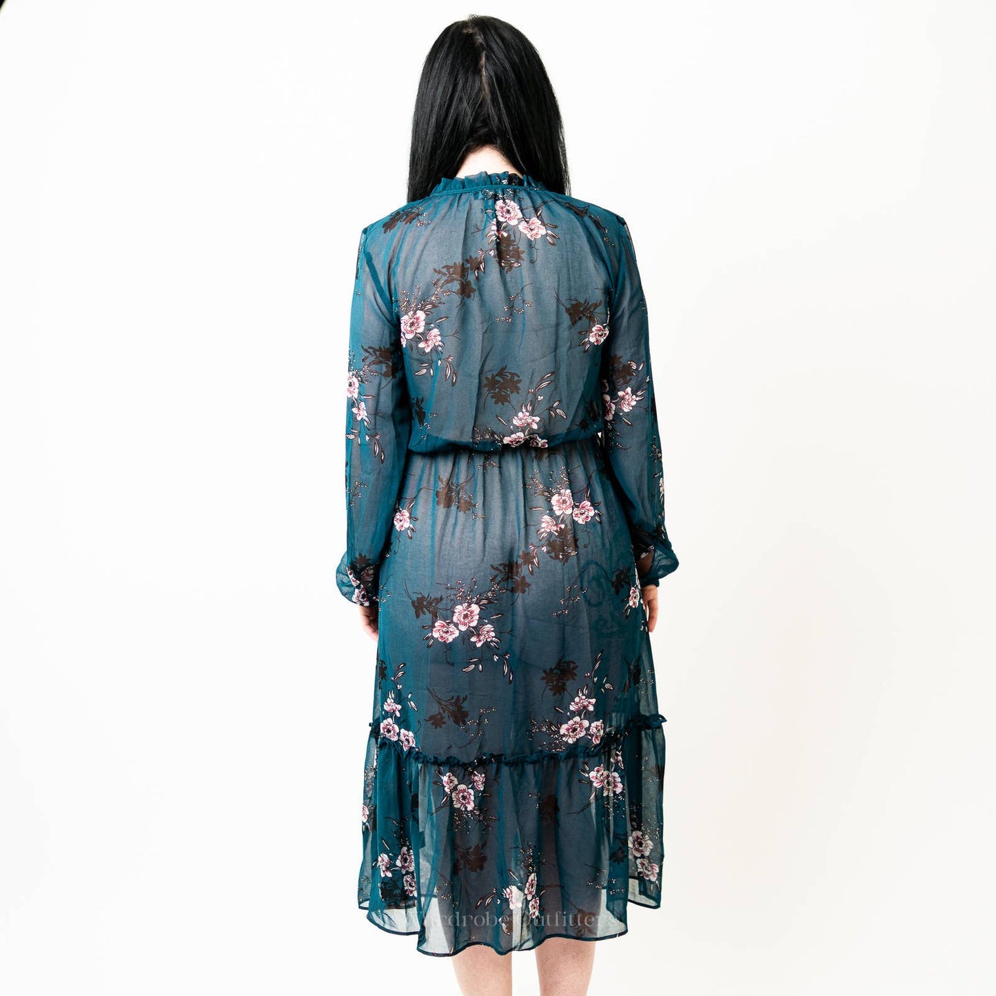 Lulus Newell Teal Green Sheer Floral Print Midi Dress - L