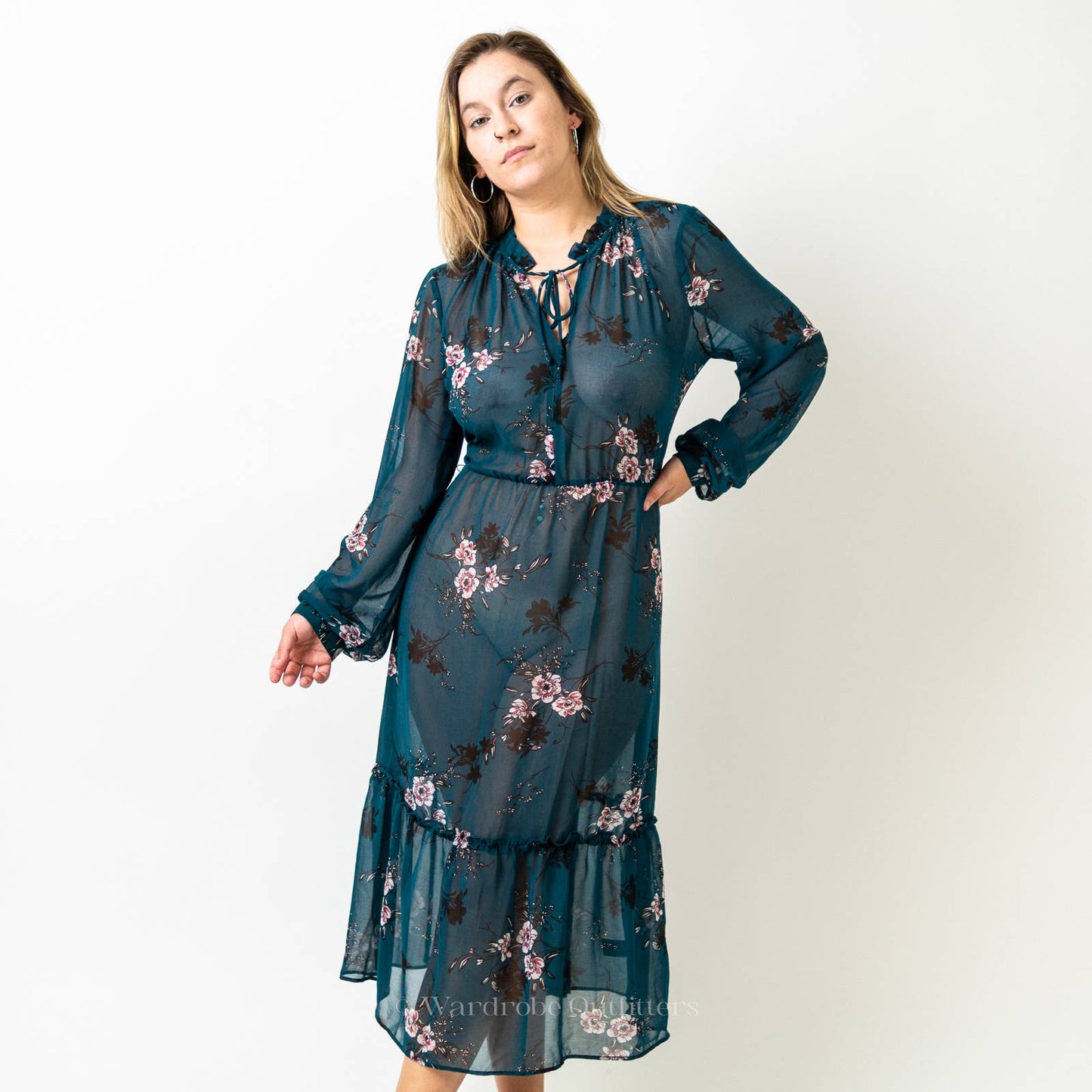 Lulus Newell Teal Green Sheer Floral Print Midi Dress - L
