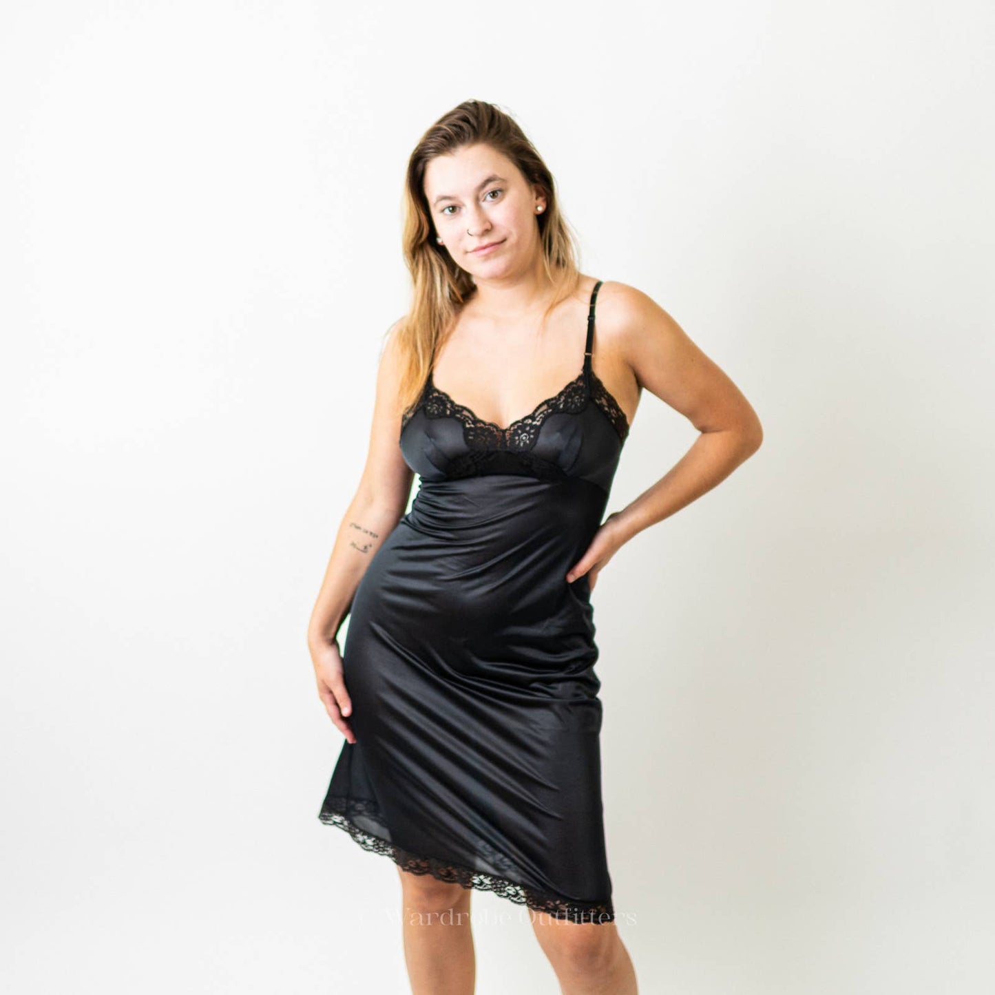 Vintage 1960's Vassarette Black Nylon Lace Lingerie Gown Dress