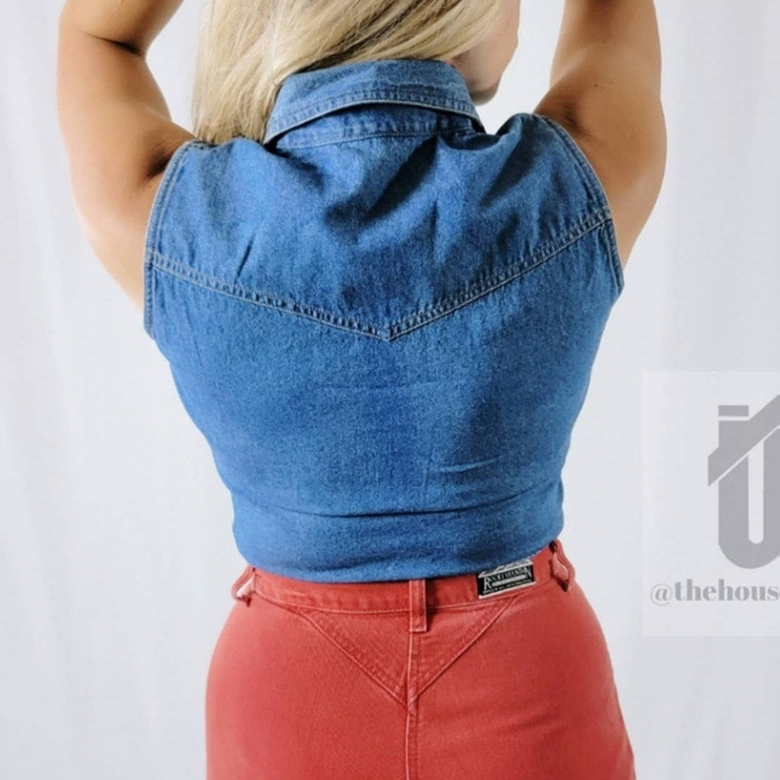 NEW 70's Western Wrangler Denim Pearl Snap Crop Tie Front Vest