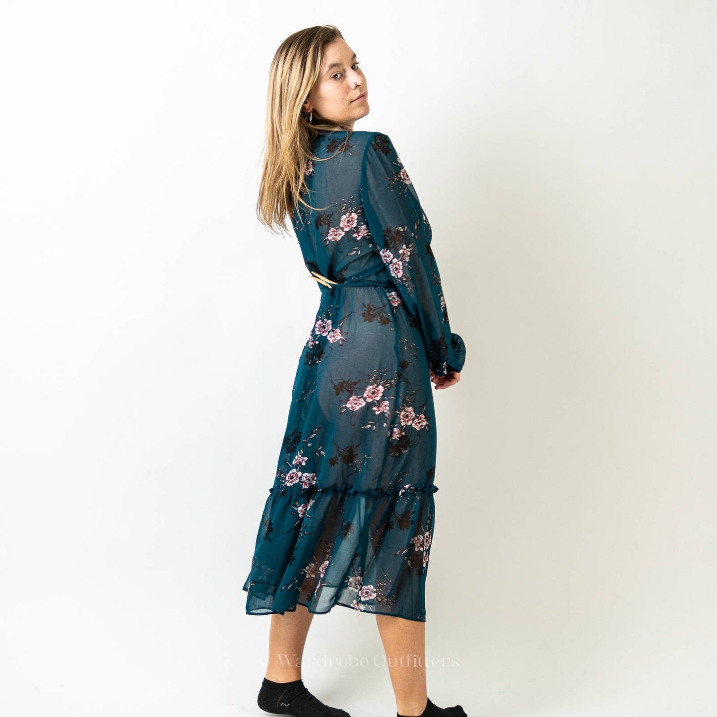 Lulus Newell Teal Green Sheer Floral Print Midi Dress - L