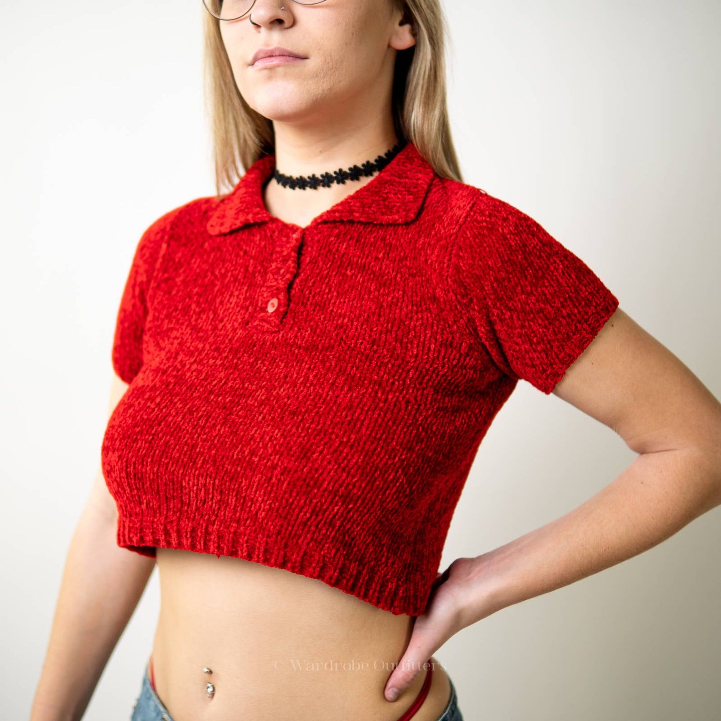 Vintage y2k Plush Ribbed Crop Top Polo Baby Tee - S/M