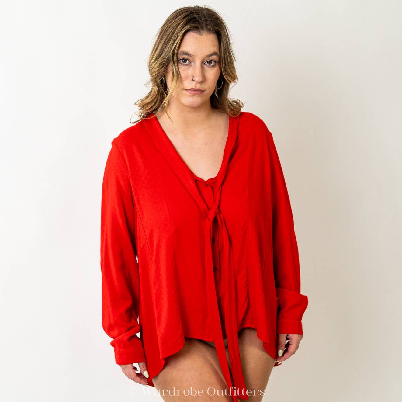 Maeve by Anthropologie Tie Front Red Long Sleeve Blouse
