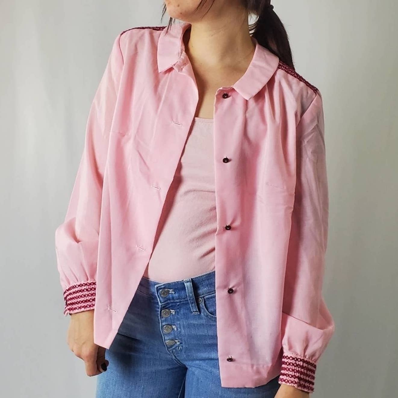 Vintage 70s Fritzi Of Cali Pink Embroidered Blouse - S
