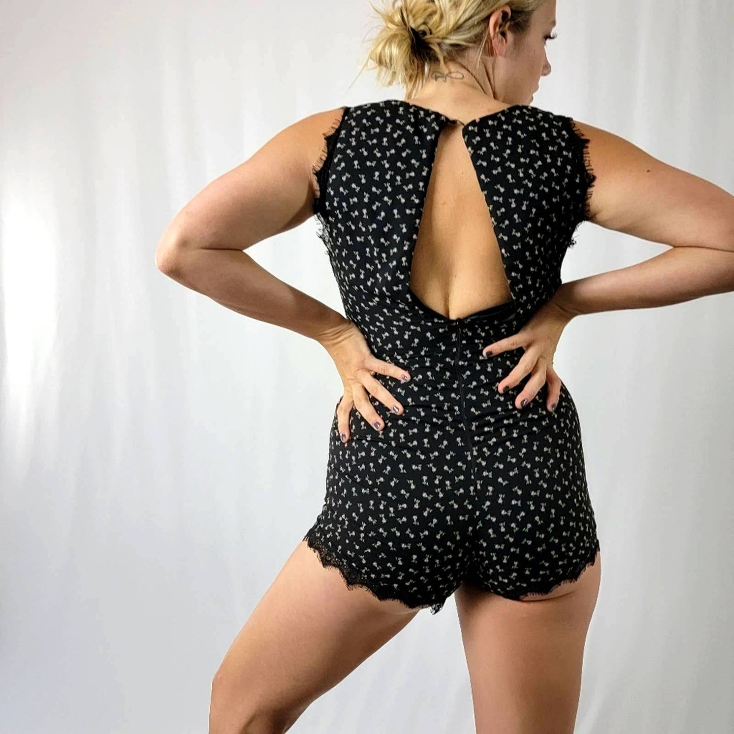 Sweet Rain Black Floral Eyelash Romper - S