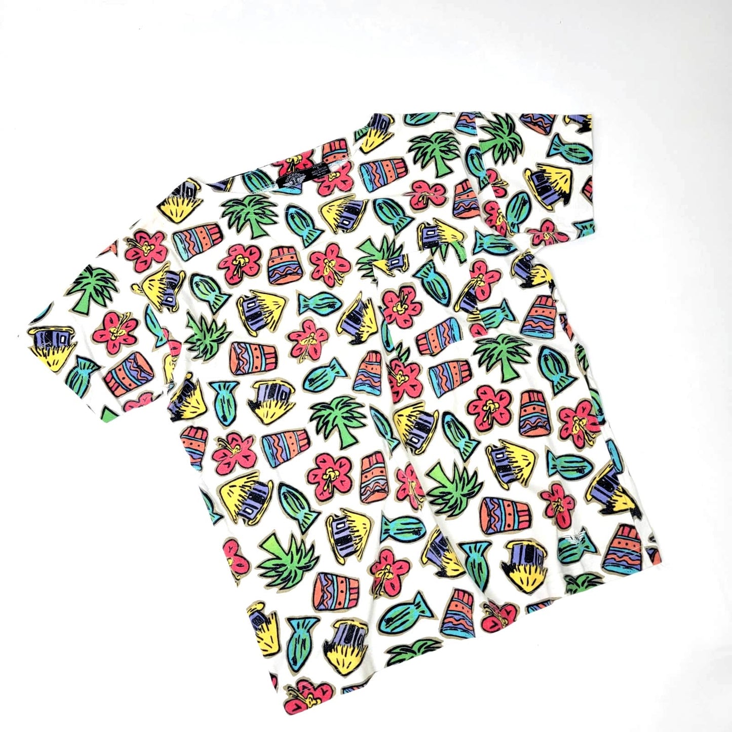 Retro Vintage 90s Abstract Hawaiian Titki Geometric Tee Shirt - S