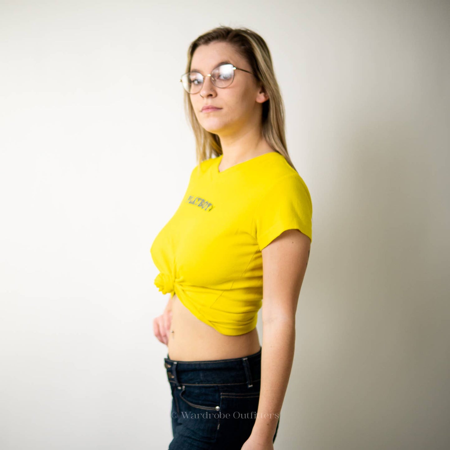 Y2K Playboy Bright Yellow Crop Top Tee Shirt - M