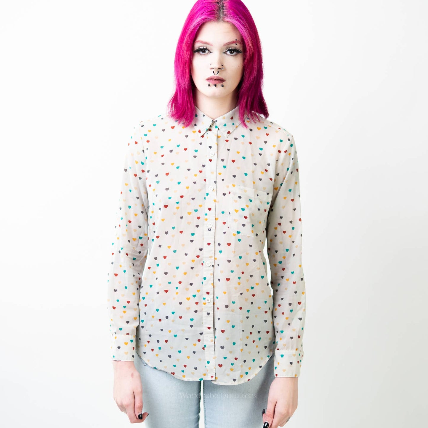 I love h81 x F21 White Sheer Button Down Polkadot Heart Shirt - S