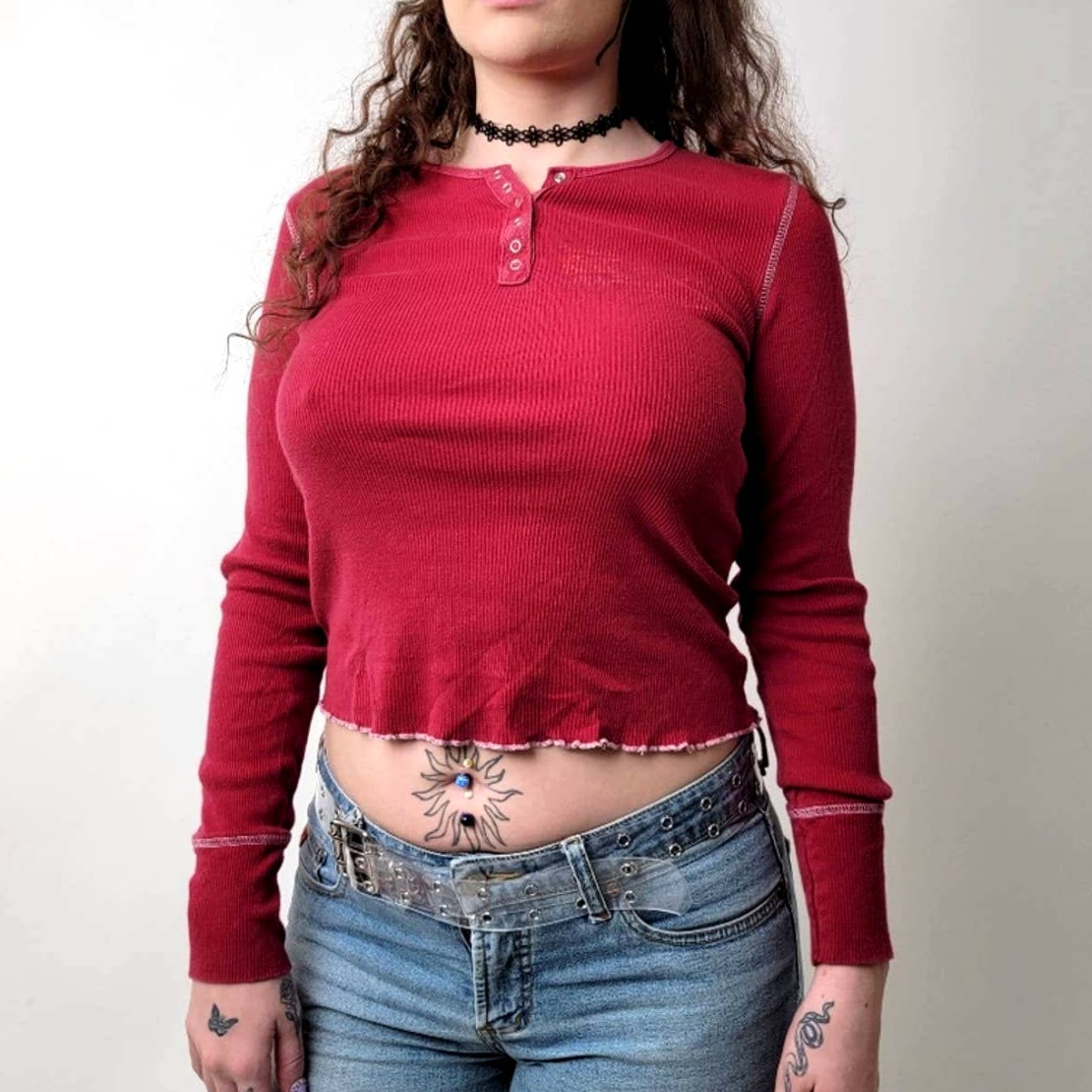 Vintage Y2K Cropped Frilly Long Sleeve Tee Shirt - L