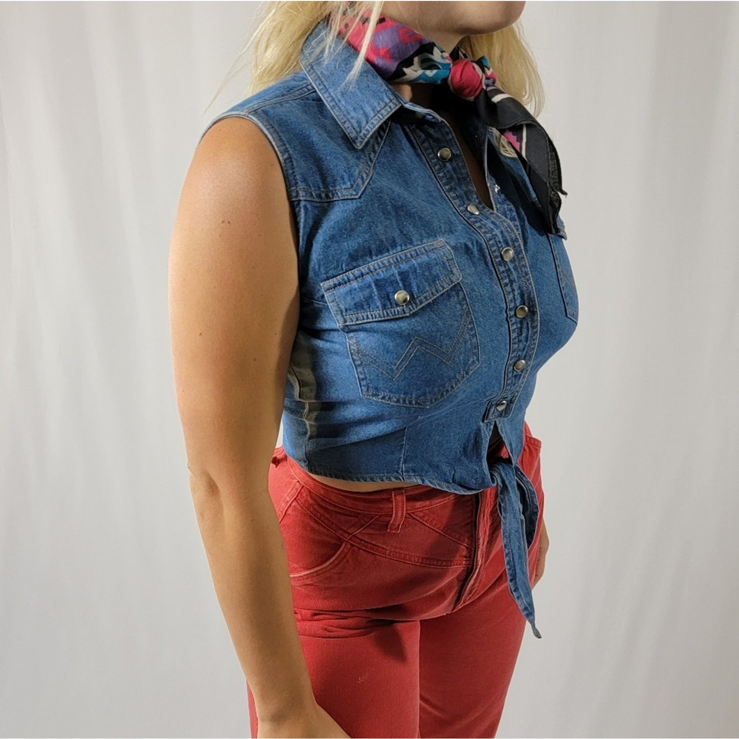 NEW 70's Western Wrangler Denim Pearl Snap Crop Tie Front Vest