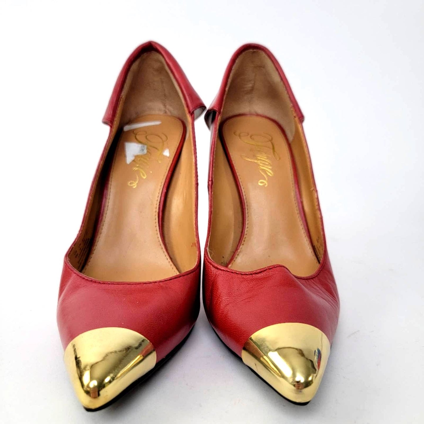 Fergie Podium Red Stiletto Pump Heels with Gold Cap Toe - 8