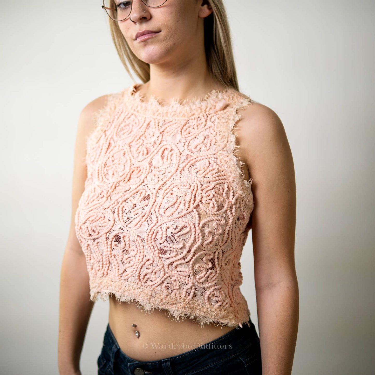 Blush Rose Pink Eyelash Woven Crochet Lace Cropped Tank Top - M
