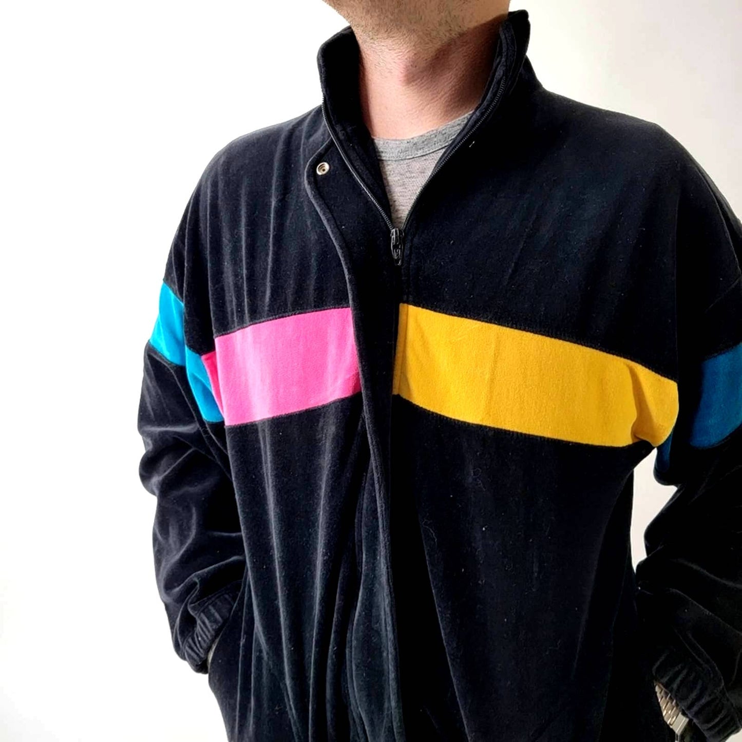 Vintage 90s Velour Track Suit - Multi Color Stripes - XL