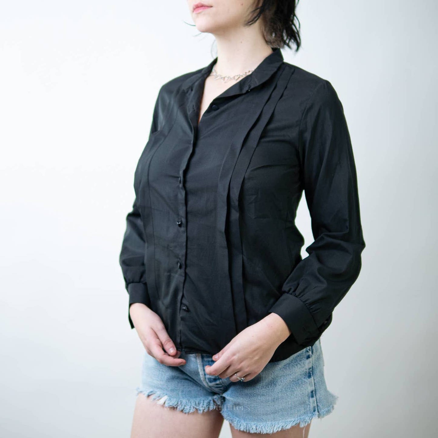 Vintage 90s Sheer Black Pleated Button Down Blouse