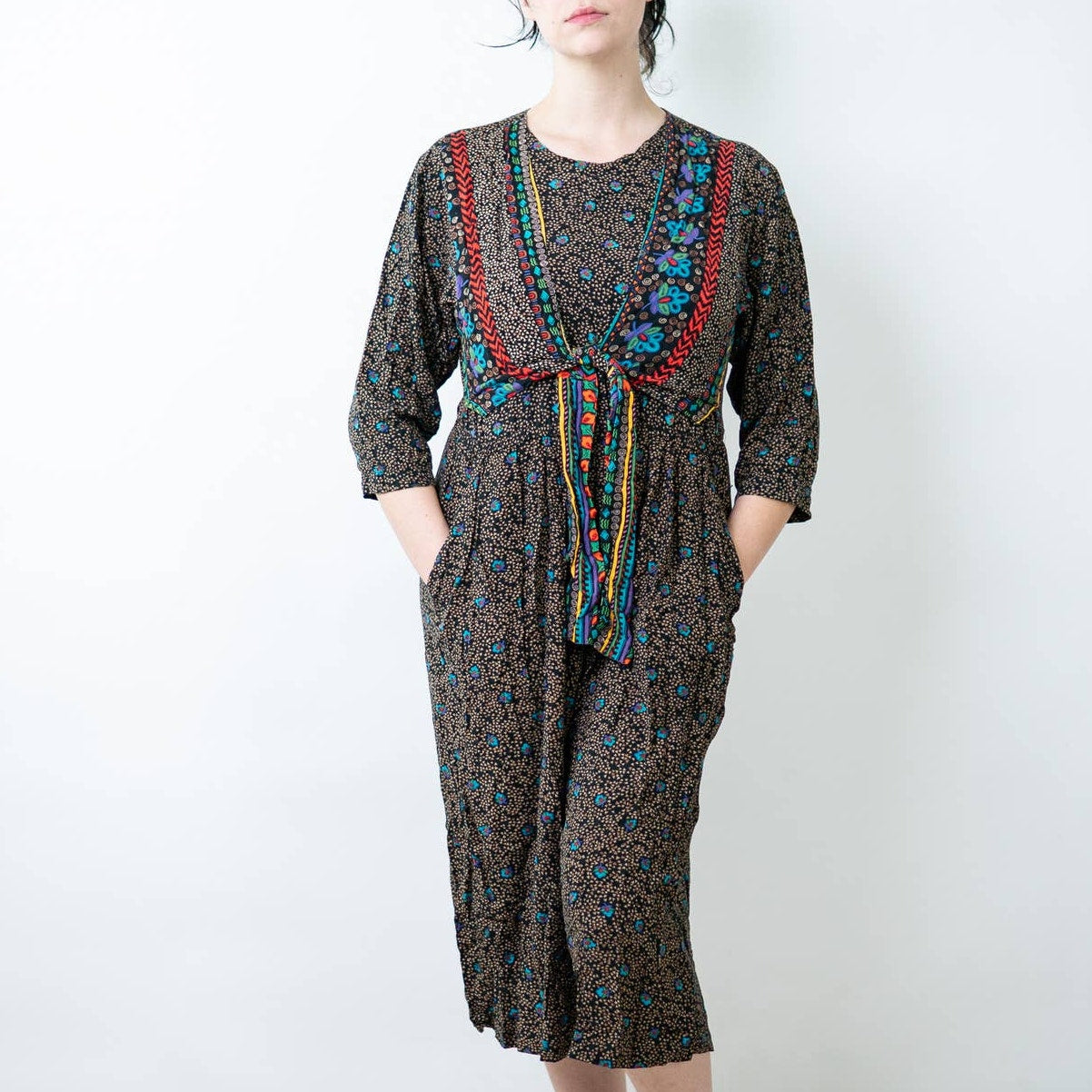 Vintage 90s Boho Cottagecore Romper Dress - M