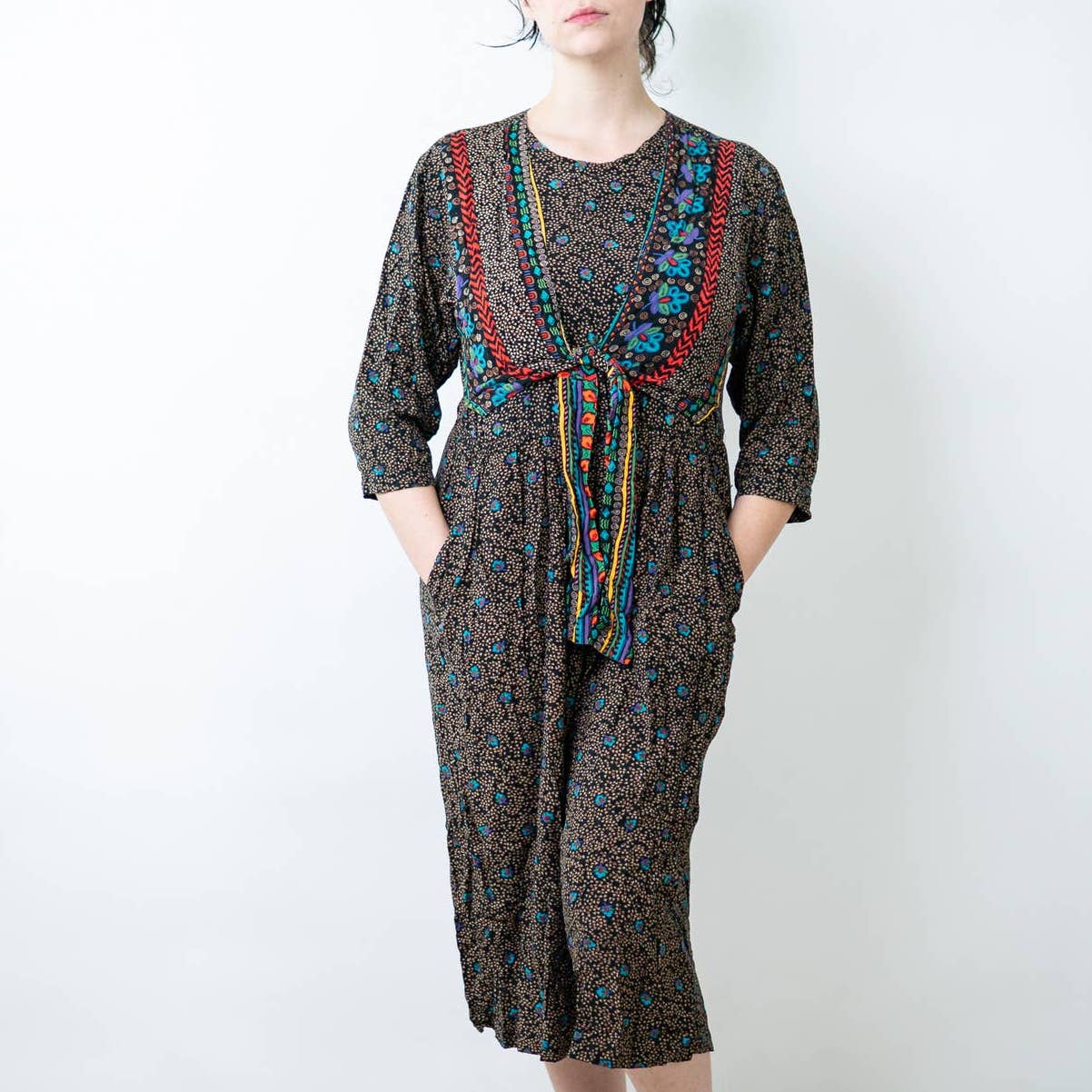 Vintage 90s Boho Cottagecore Romper Dress - M
