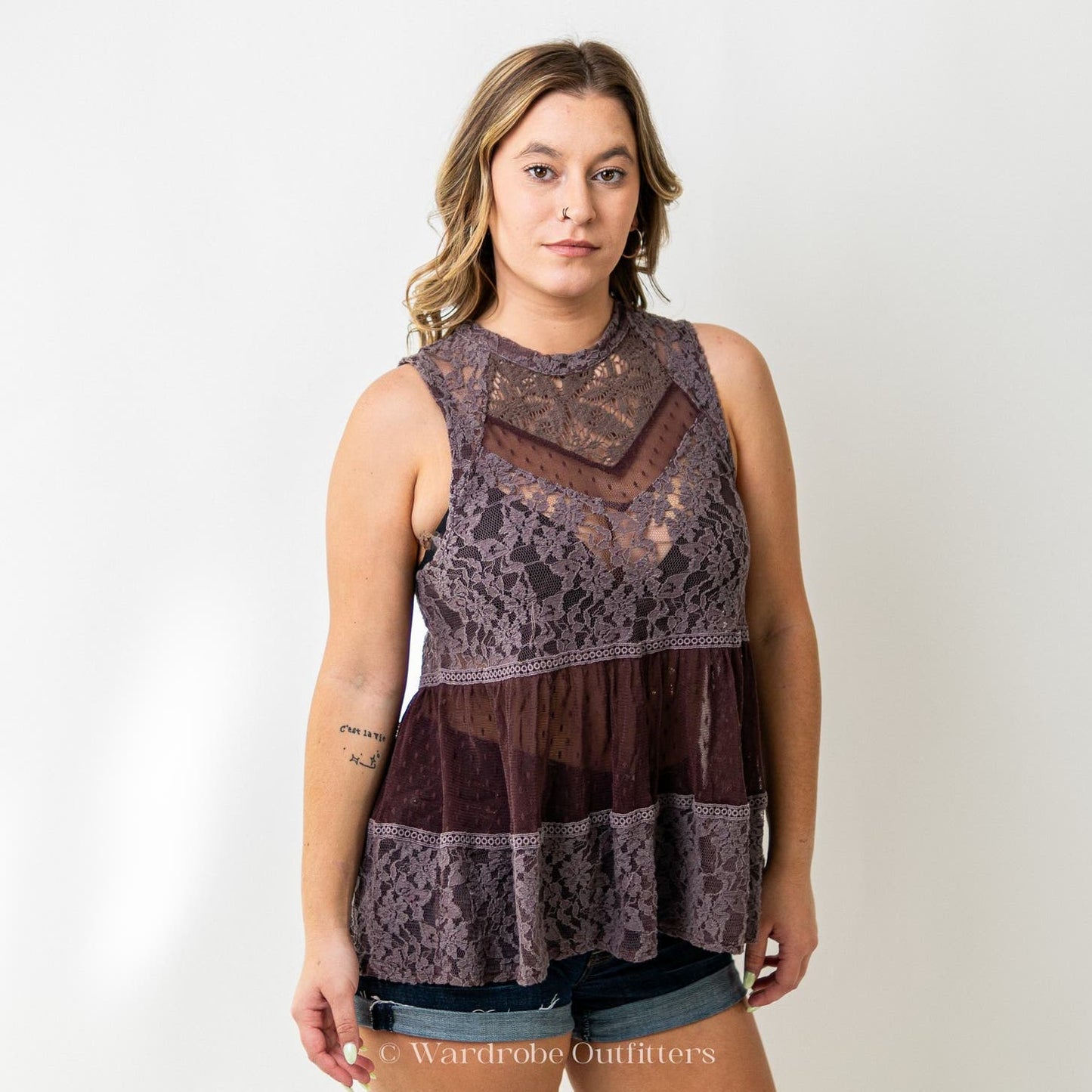 Free People Plum Sheer Needle Lace Sleeveless Tank Blouse