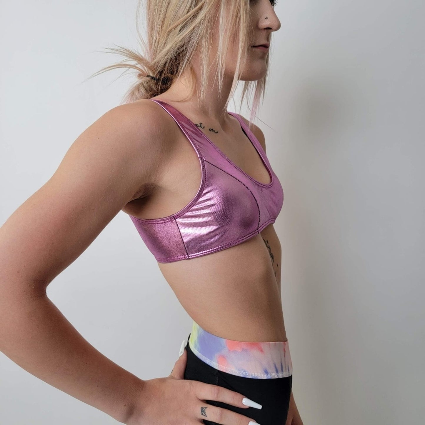 Hot Pink Metallic Sports Bra Rave Top - M