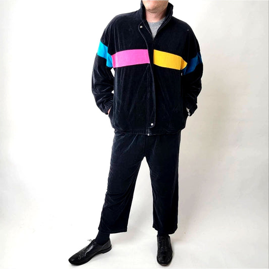 Vintage 90s Velour Track Suit - Multi Color Stripes - XL
