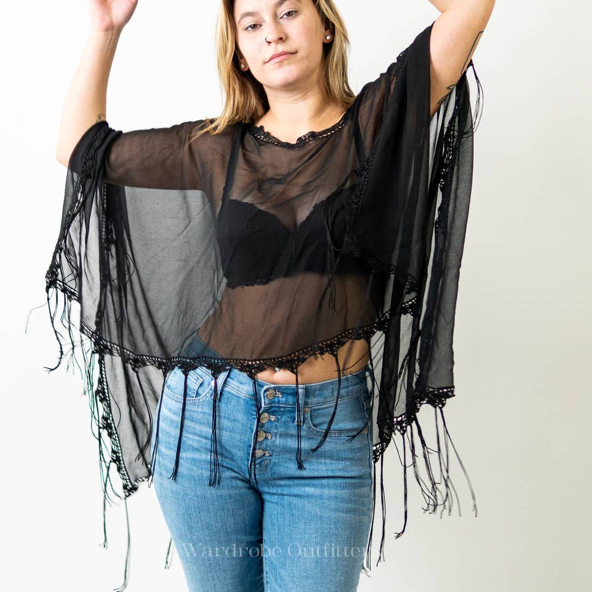 Black Sheer Mesh Flowy Fringe Tassel Poncho Coverup Shaw