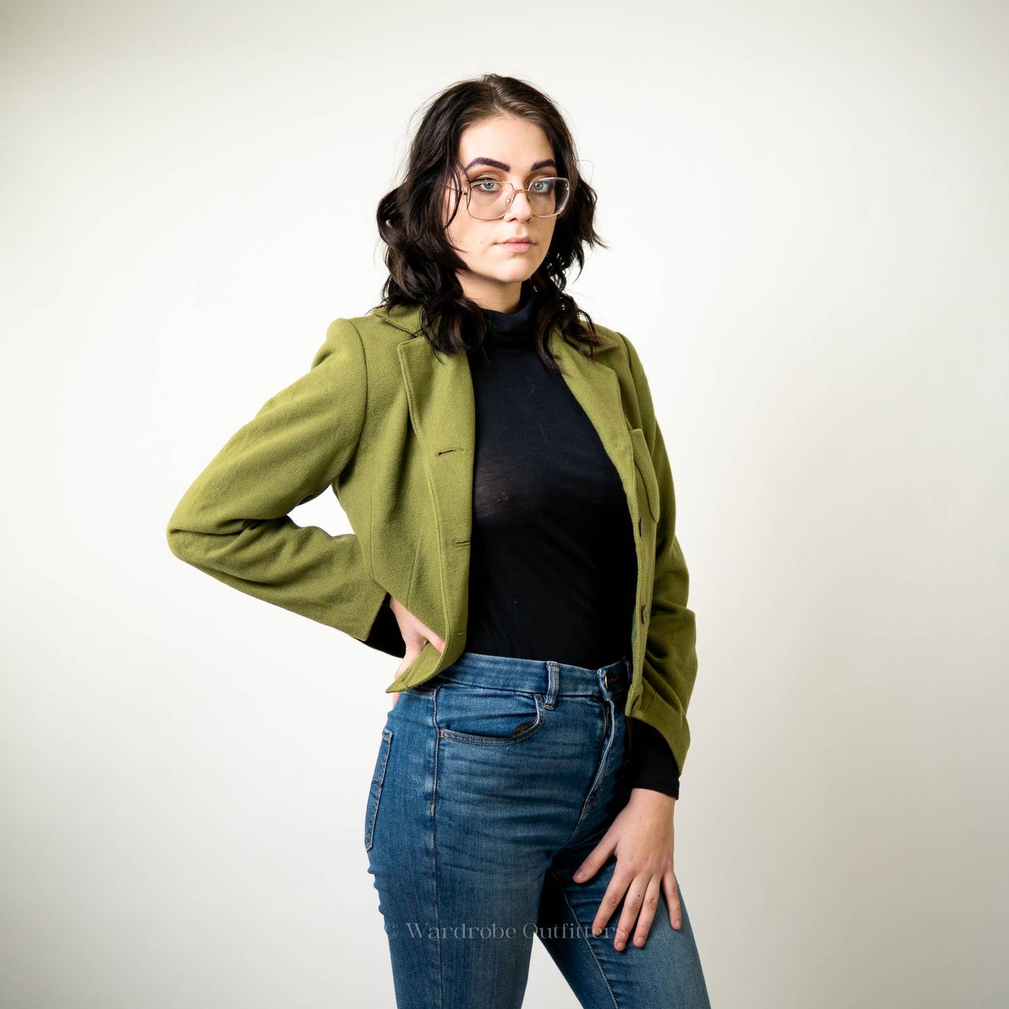 Vintage Olivr Green Cropped Wool Blazer Jacket - 8
