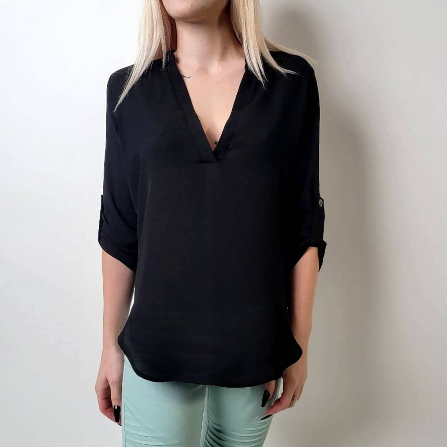 Lush Black Sheer VNeck Tunic Blouse - S