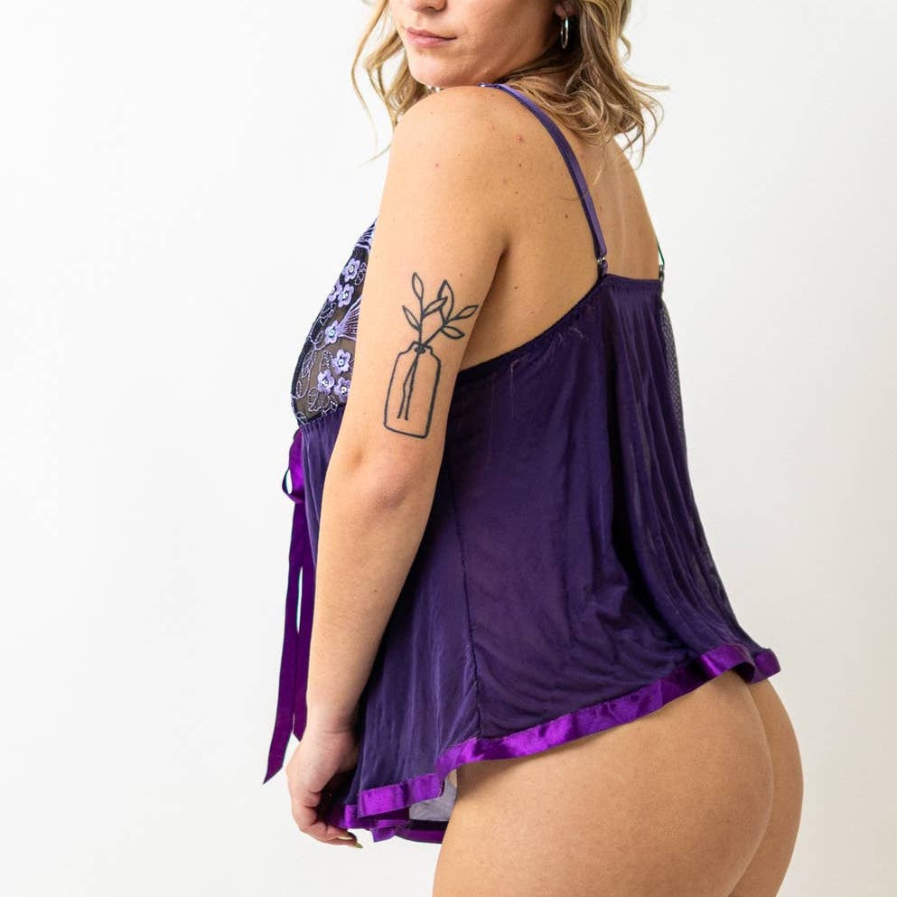 Y2K HOTKISS Purple Butterfly Lace Babydoll Gown Lingerie