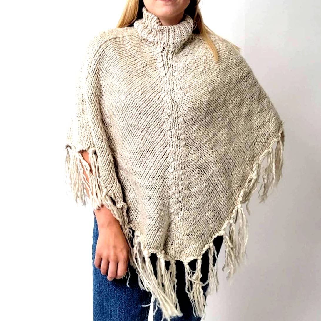 Cejon Cream Colored Western Fringe Tassel Poncho Shaw
