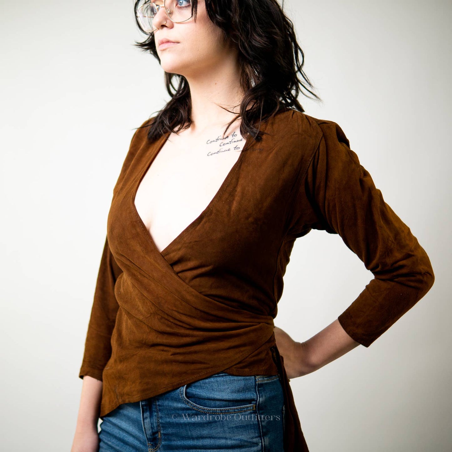 Vintage Leather Long Sleeve Wrapped Halter Blouse Top