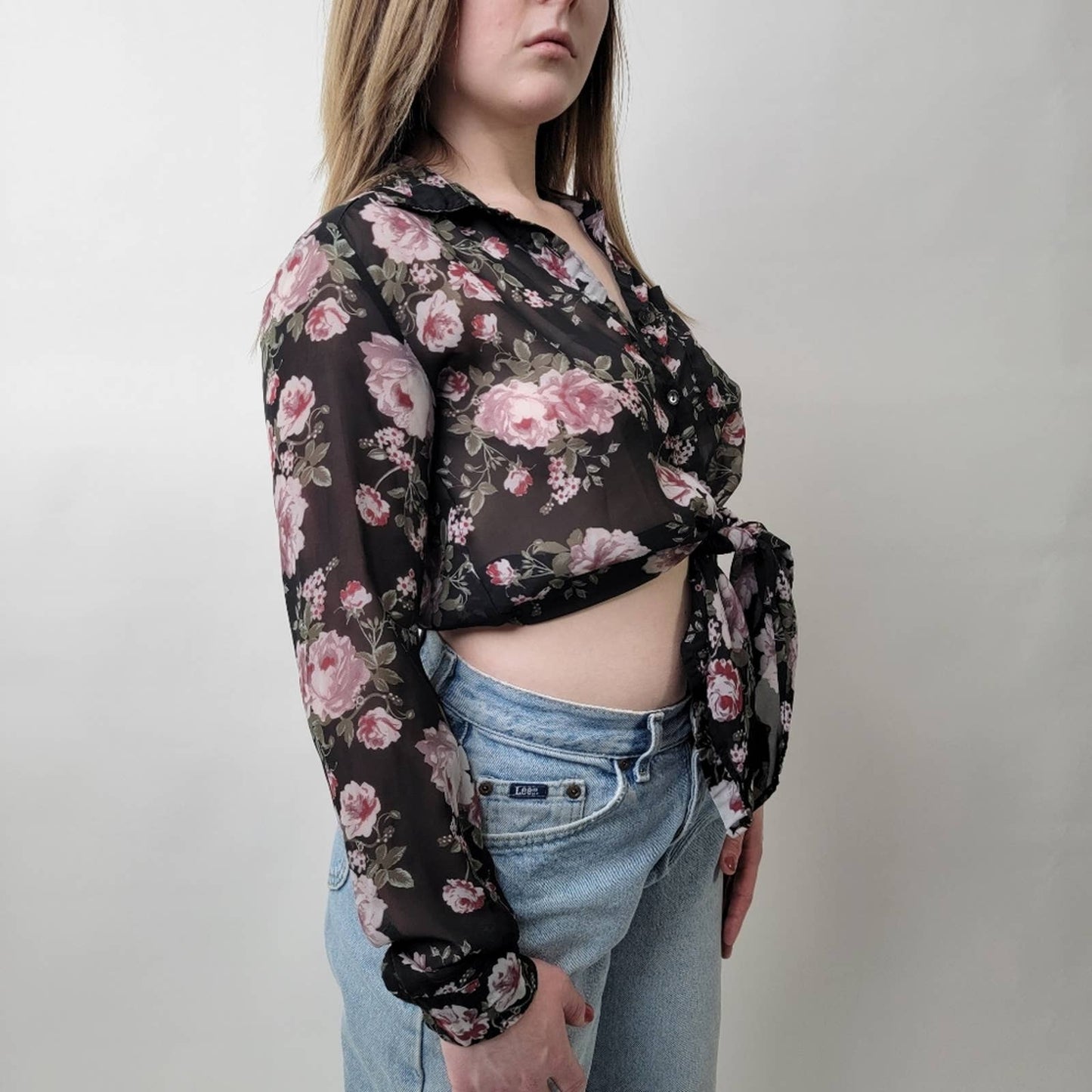Pastel Black & Pink Floral Mesh Tie Front Coverup Blouse - S