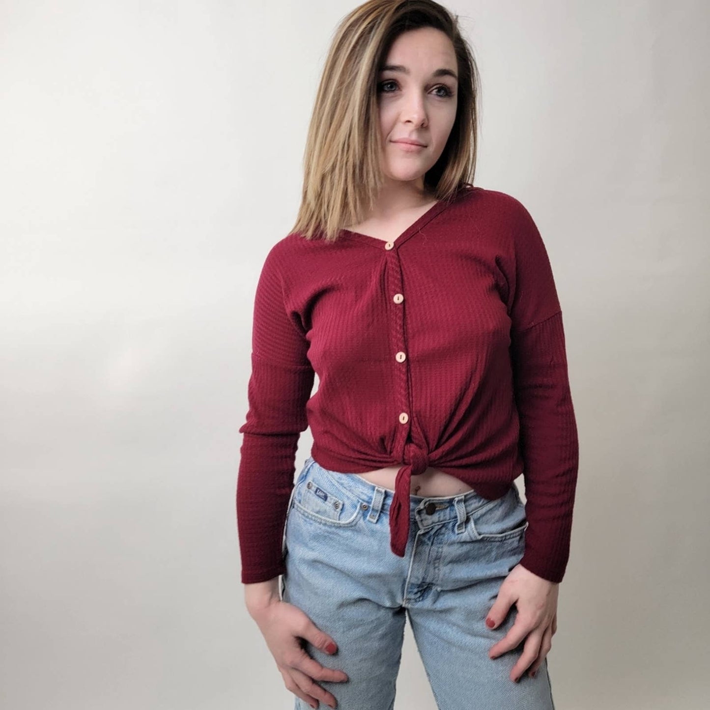 Maroon Burgundy Waffle Knit Crop Top Long Sleeve - XS
