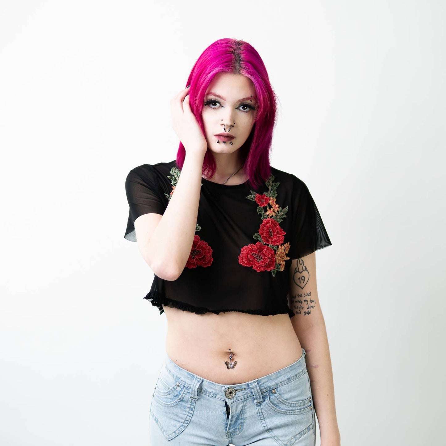 Embroidered Stitched Floral Rose See Through Sheer Mesh Rave Crop Top