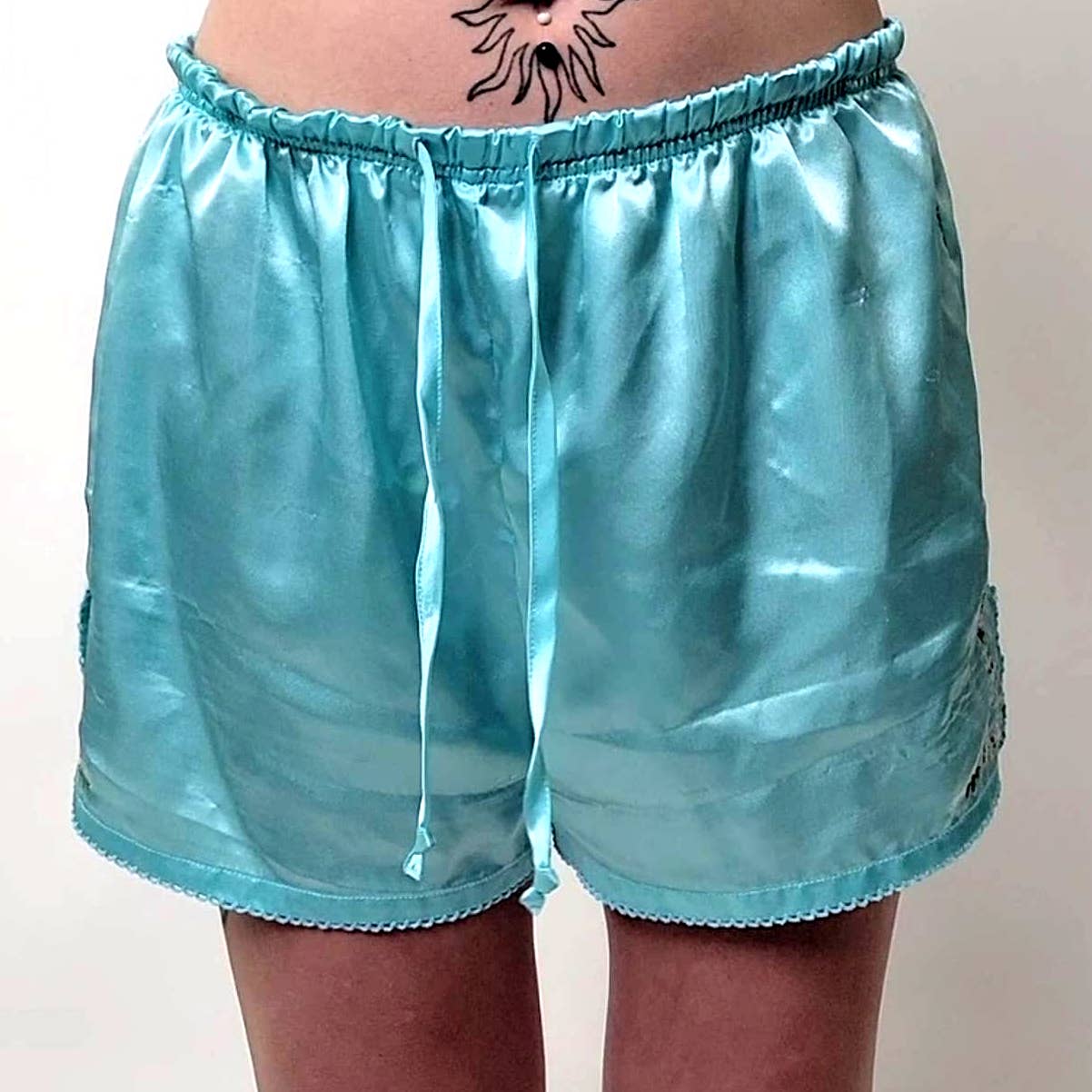 Baby Blue Silky Embroidered Pajama Shorts - M
