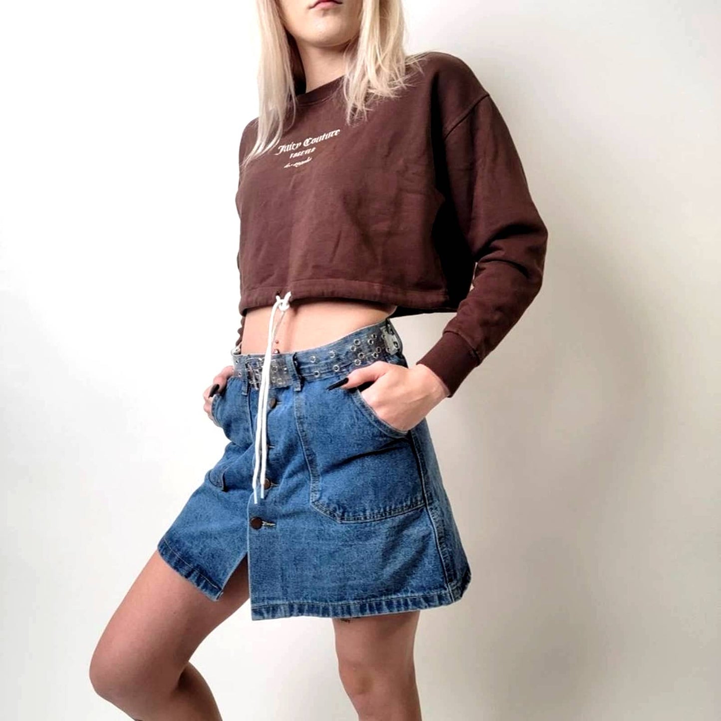 Button Front Deep Patch Pocket Denim Jean Mini Skirt - S
