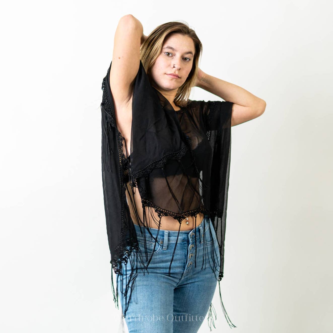 Black Sheer Mesh Flowy Fringe Tassel Poncho Coverup Shaw