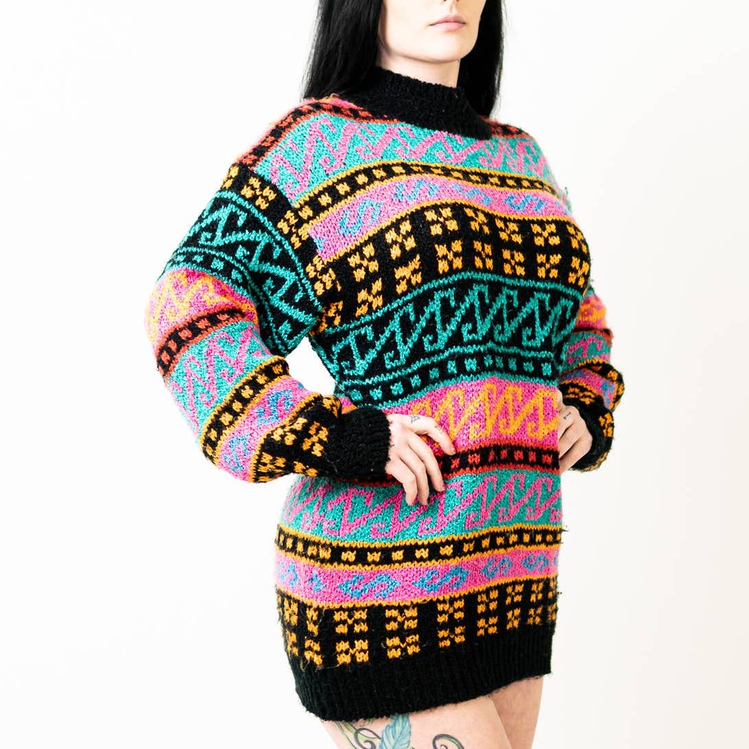 Vintage 90s Chunky Crochet Knit Multicolor Abstract Sweater Dress