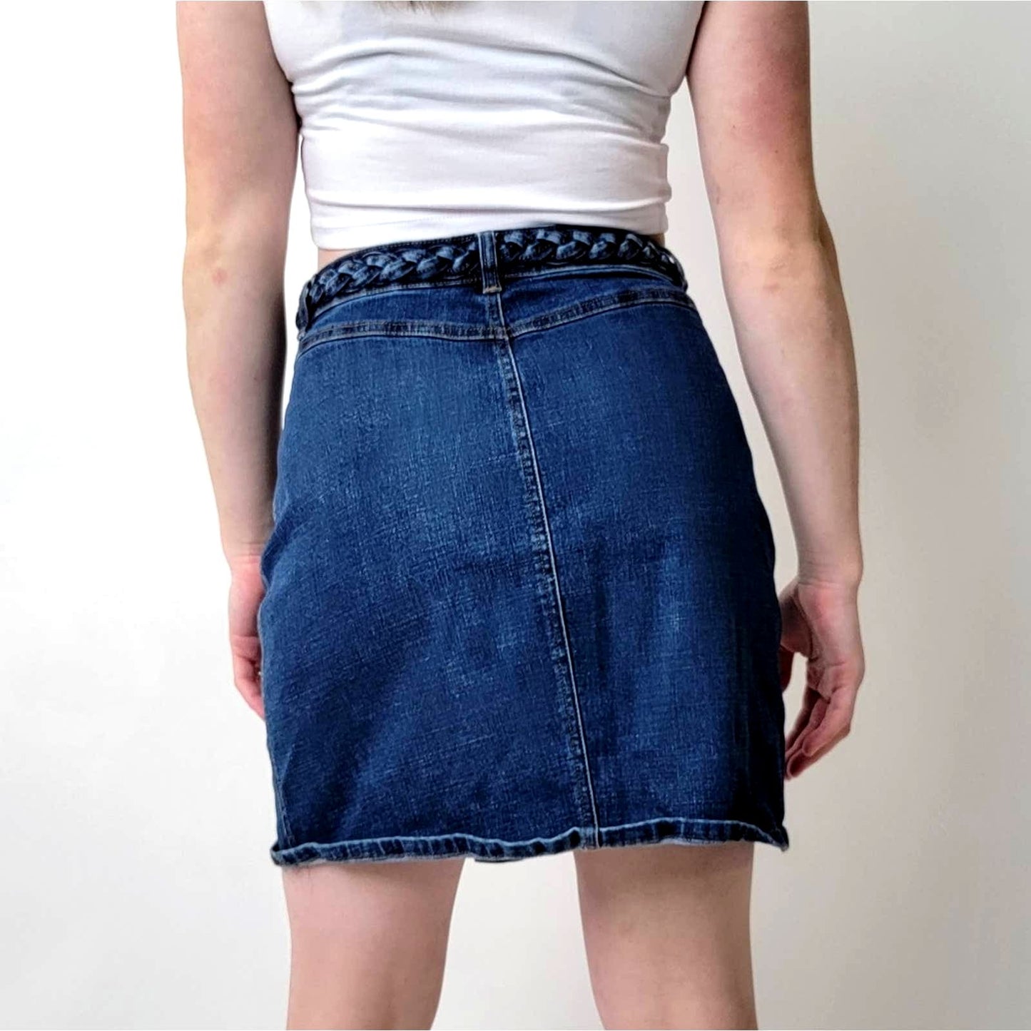 Harper Braided Button Up Denim Jean Midi Skirt - M