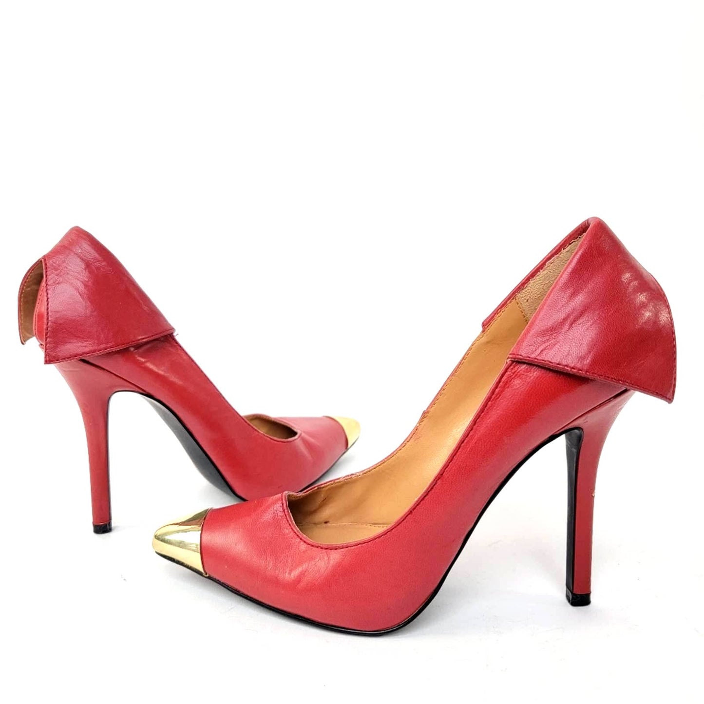 Fergie Podium Red Stiletto Pump Heels with Gold Cap Toe - 8