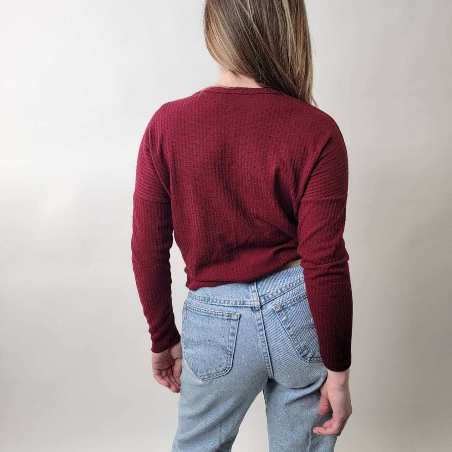 Maroon Burgundy Waffle Knit Crop Top Long Sleeve - XS