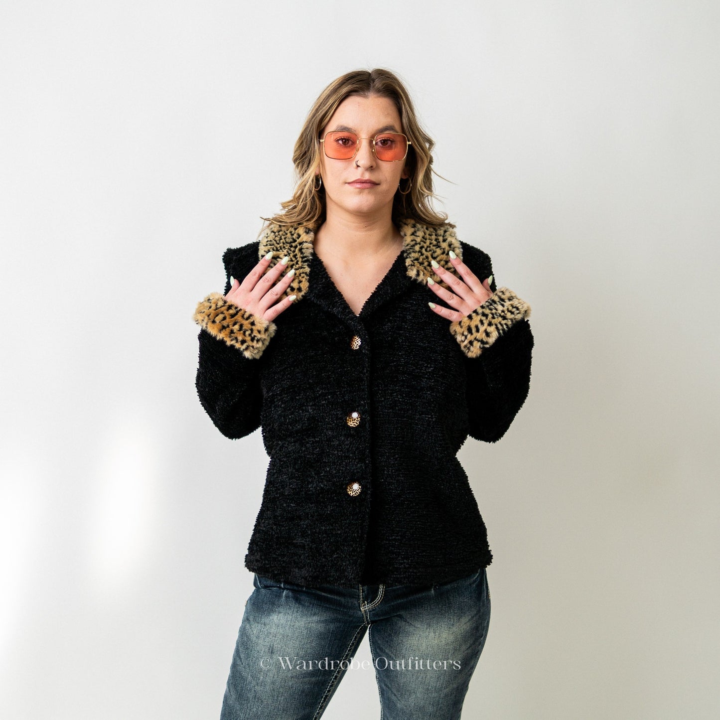 Vintage Y2K 90s Black Chenille Cardigan with Faux Fur Collar and Cuffs